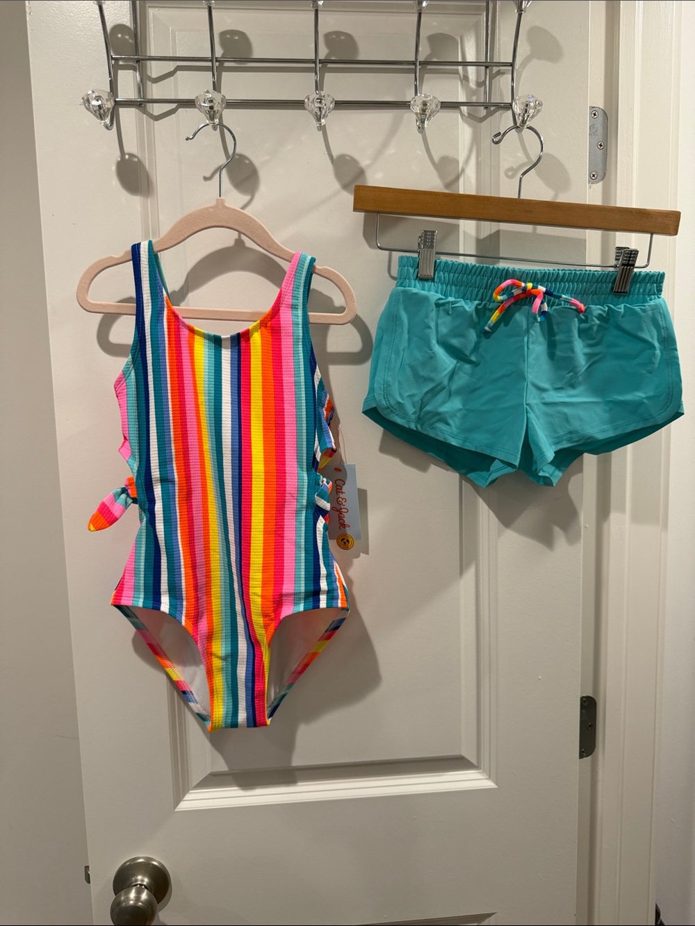Cat & Jack Rainbow Stripe Swimsuit Set with Teal Shorts size 6-7 NWT
